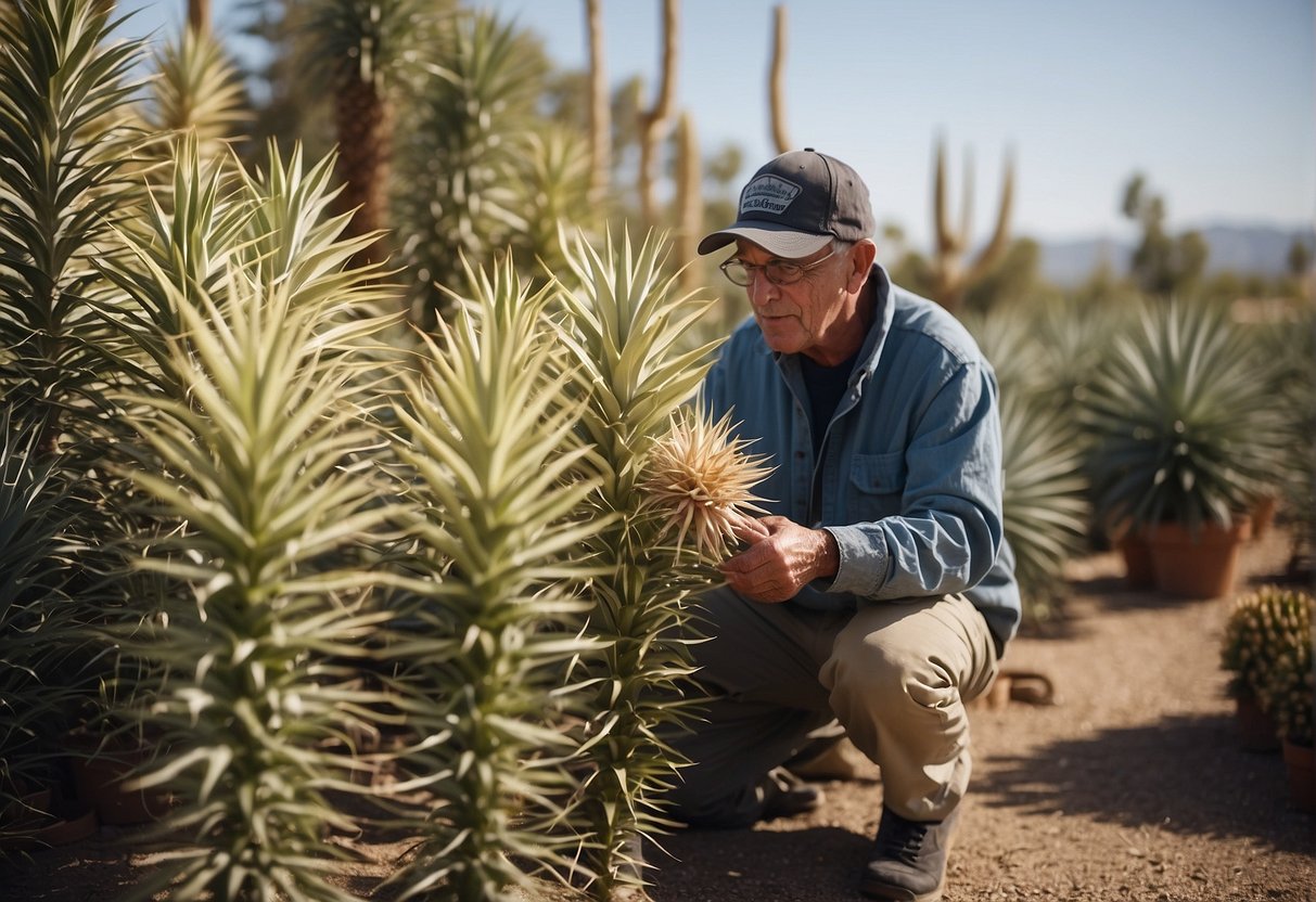 A customer examines various yucca plants at a New Mexico nursery, carefully comparing different varieties before making a selection