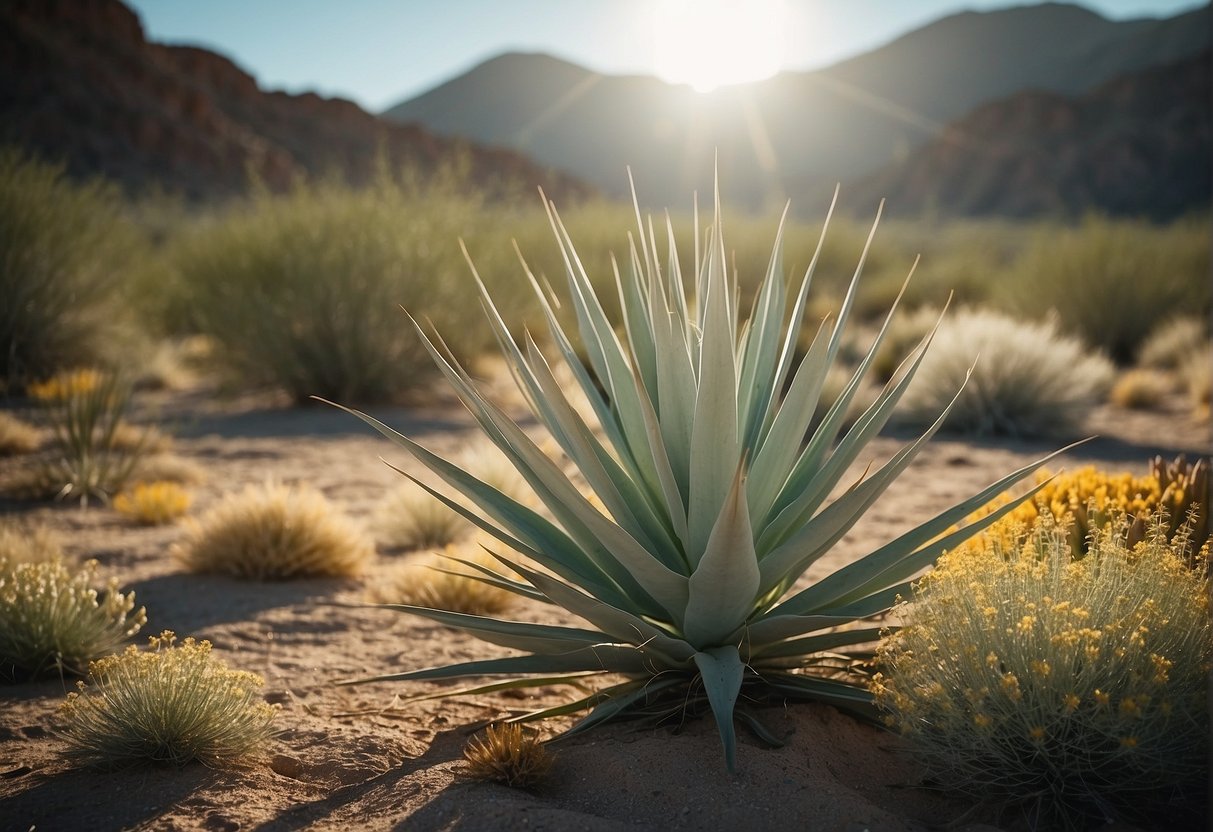 A desert landscape with rocky terrain and sparse vegetation, featuring a yucca plant in bloom under the bright New Mexico sun