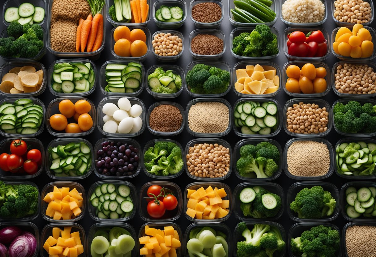 A colorful array of fresh vegetables, lean protein, and whole grains arranged in separate compartments, ready for meal prep