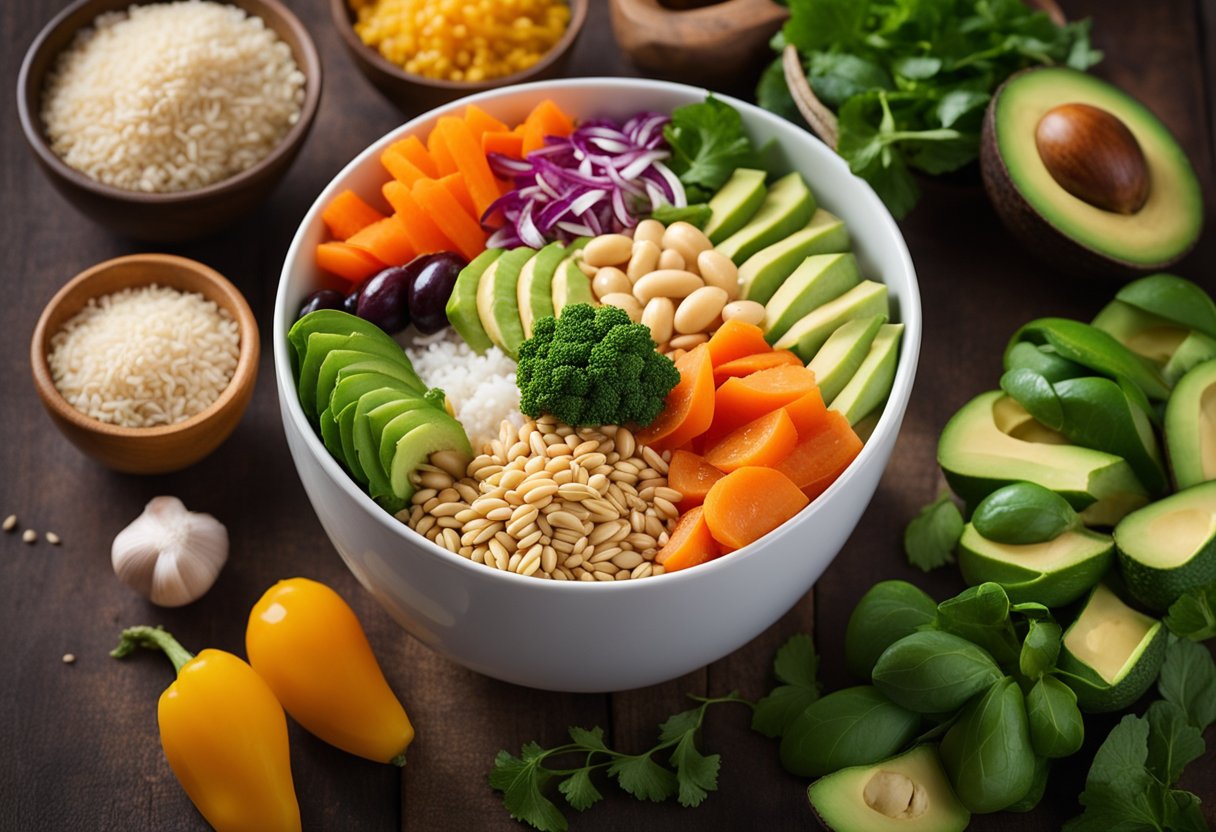 Fresh vegetables, lean protein, and whole grains arranged in a colorful bowl. A variety of ingredients like beans, rice, and avocado create a visually appealing and nutritious meal