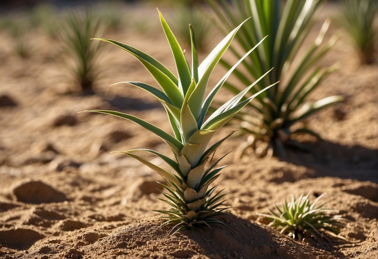 Yucca plants growing in sandy soil, receiving sunlight and occasional watering. No visible signs of pests or disease