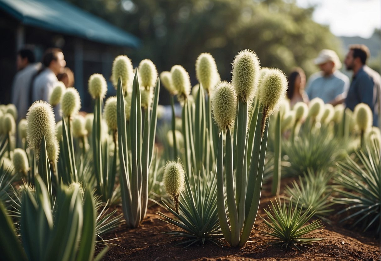 Yucca plants surrounded by curious onlookers with question marks floating above their heads