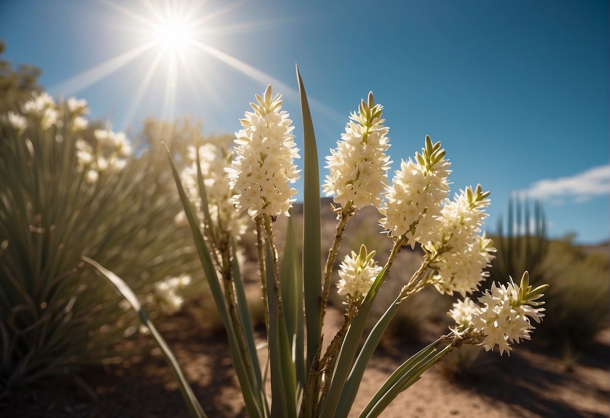 The Spanish dagger yucca plants bloom under the bright sunshine, with tall stalks reaching towards the sky and delicate white flowers opening up to the world