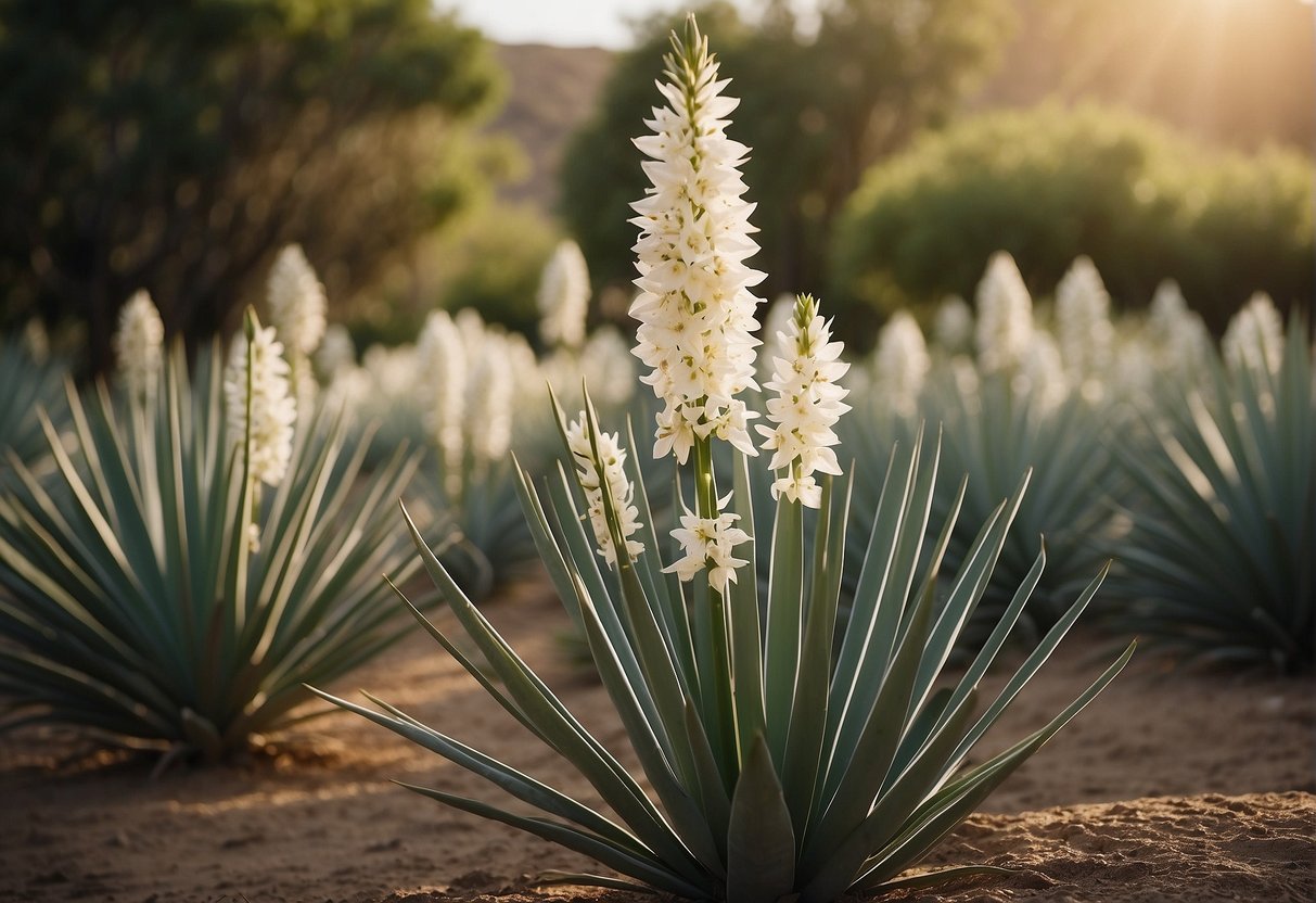 The Spanish dagger yucca plant thrives in well-drained soil, full sun, and minimal water. Its long, sword-like leaves reach towards the sky, while its tall, white flower spikes stand proudly above the foliage