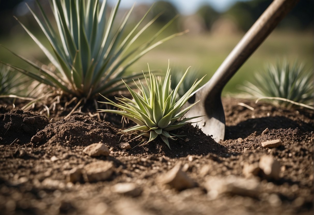 Yucca plants being uprooted and removed from the ground with a shovel