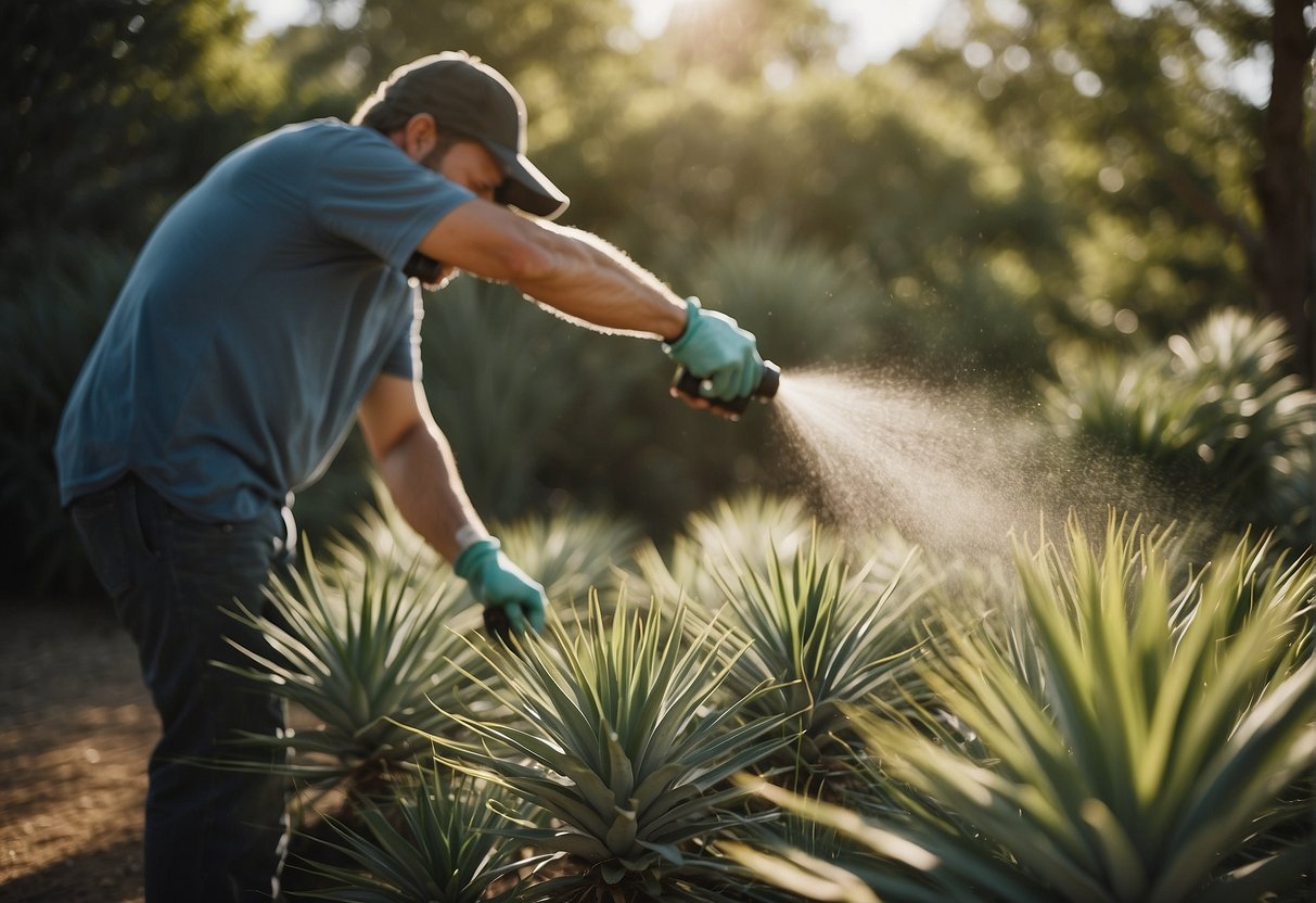 A person spraying herbicide on yucca plants in a garden