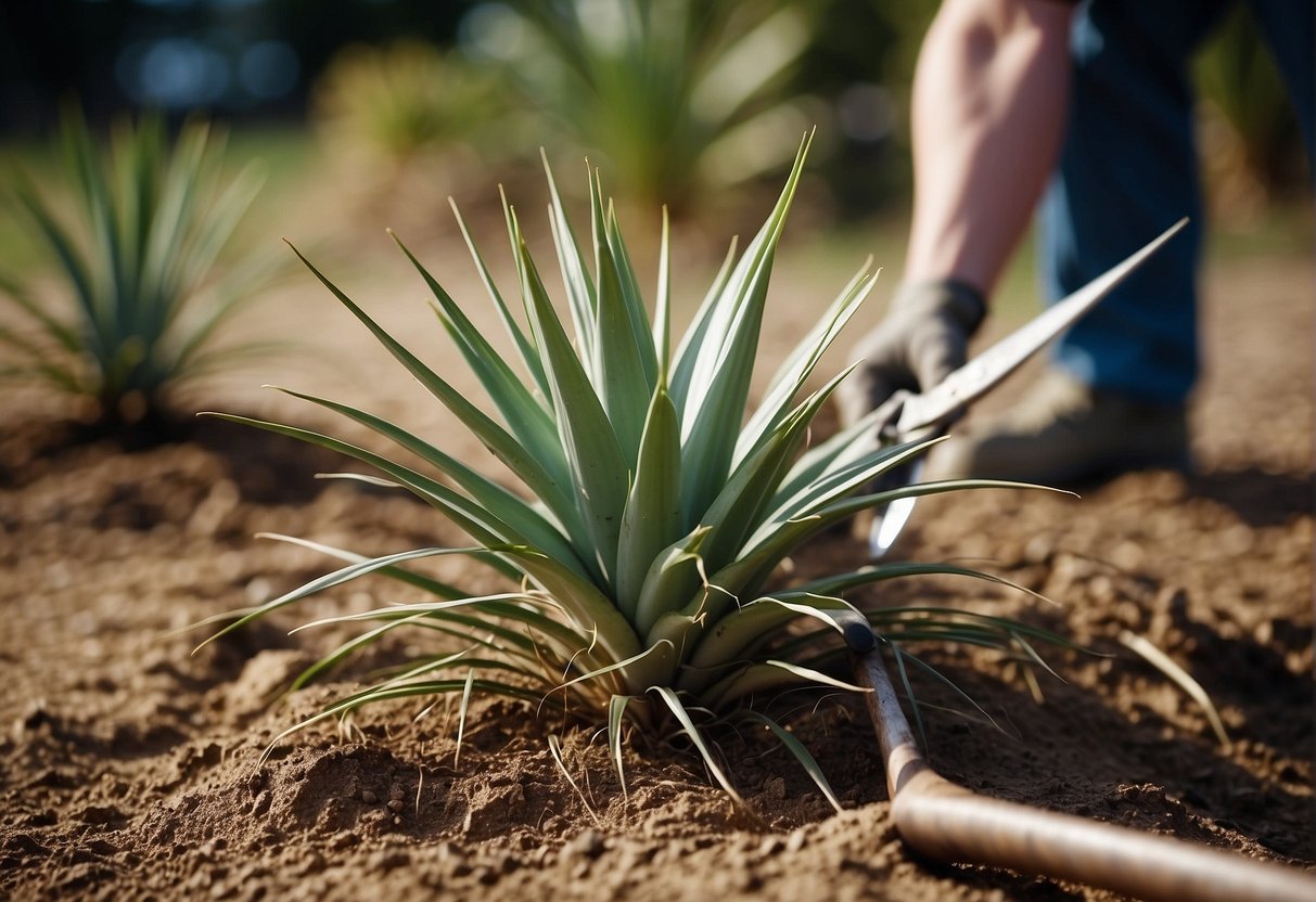 A yucca plant being uprooted and removed from the ground with gardening tools
