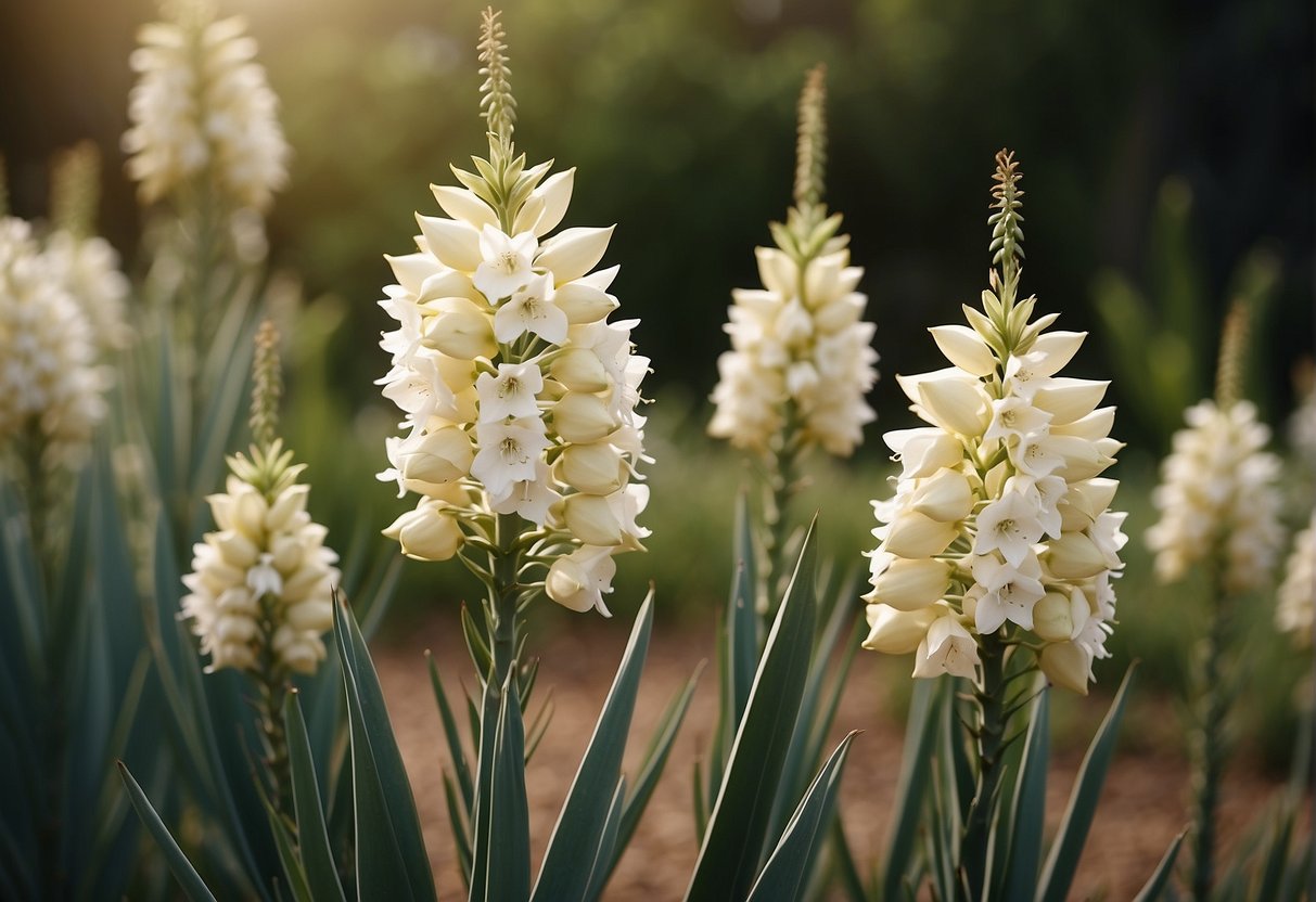 Yucca plants burst into bloom, their tall stalks adorned with clusters of creamy white flowers. Bees buzz around, gathering nectar from the delicate blossoms