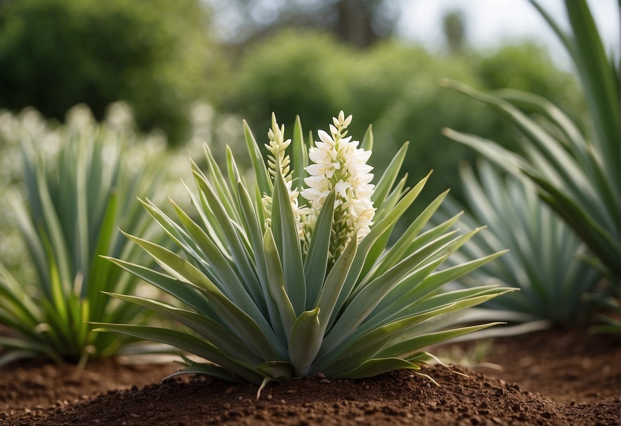Yucca plants bloom, surrounded by tender green leaves. A gardener carefully tends to the soil, watering and nurturing the plants