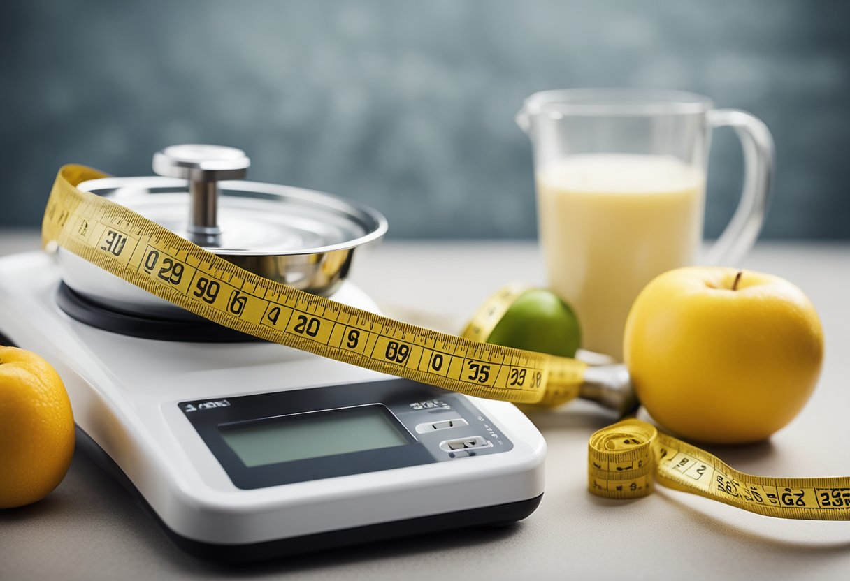 A scale showing decreasing weight, while a measuring tape shows decreasing waist circumference. A set of dumbbells and healthy food choices in the background