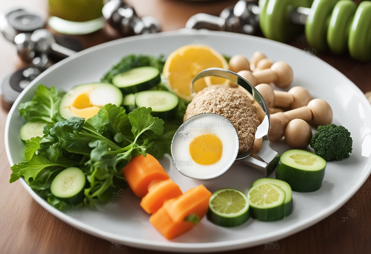 A plate with lean protein, vegetables, and healthy fats, next to a set of dumbbells and a measuring tape