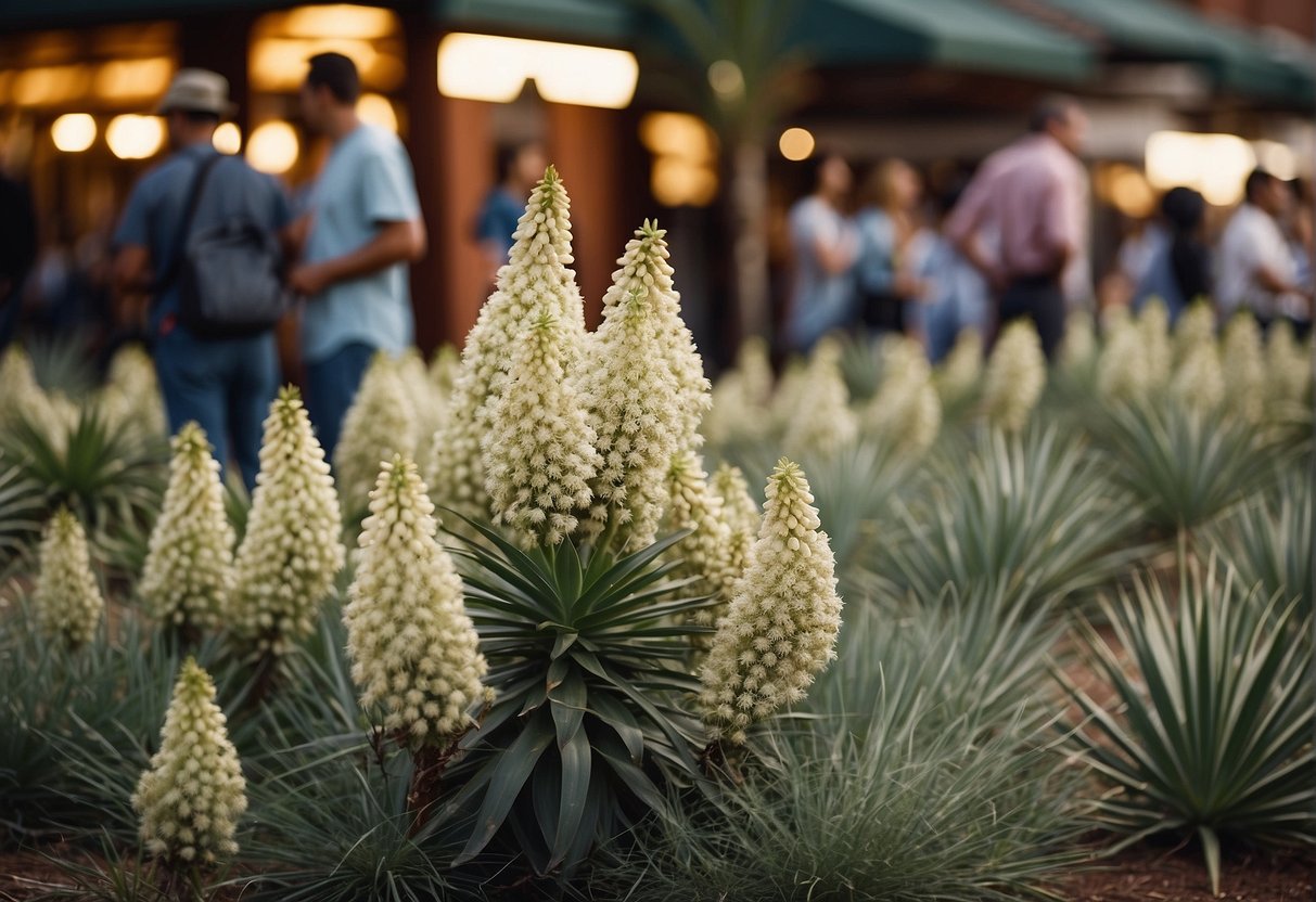 Yucca plants in bloom, surrounded by curious onlookers, with a sign reading "Frequently Asked Questions when yucca plants bloom" nearby