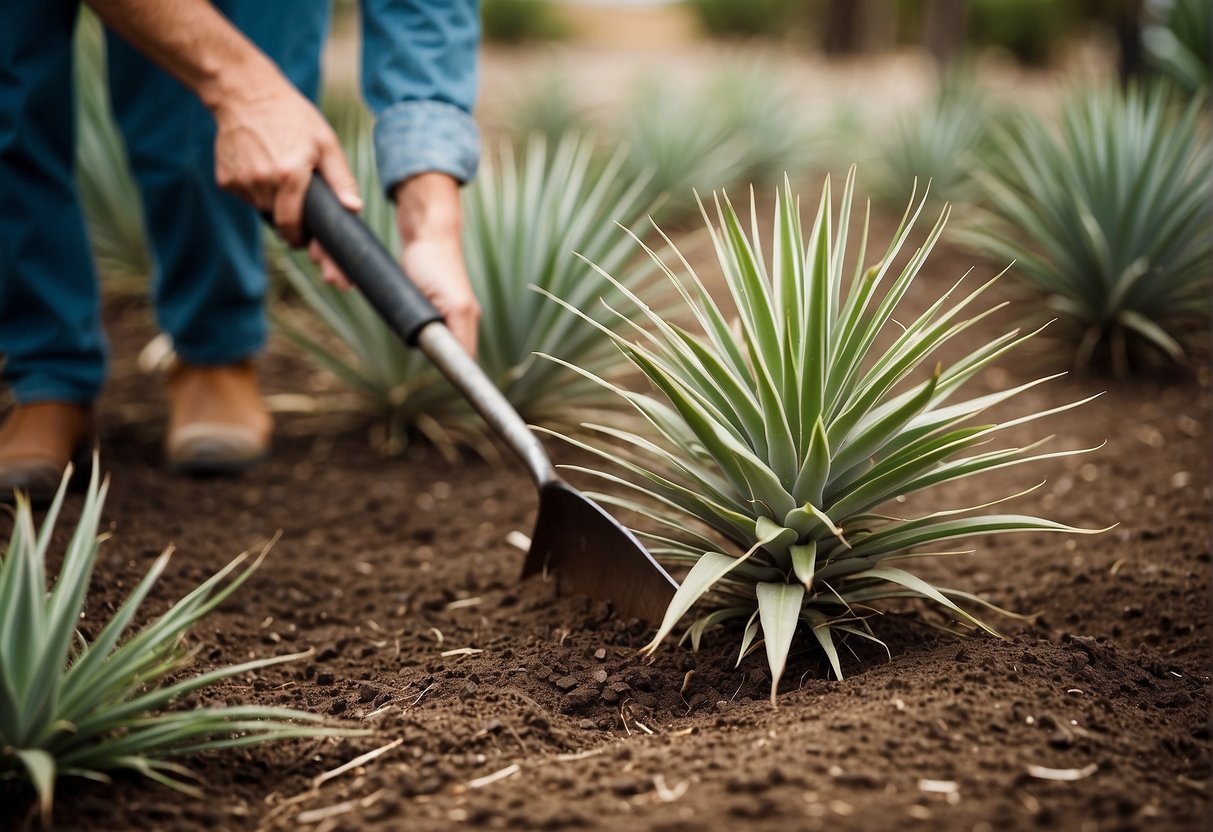 Yucca plants being cut and removed from the ground with a shovel and pruners