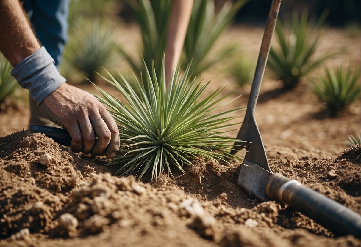 Overgrown yucca plants being cut and dug out of the ground with gardening tools