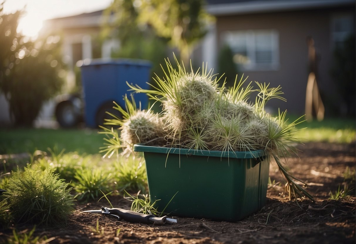 Overgrown yucca plants being removed with tools and disposed of in a yard waste bin