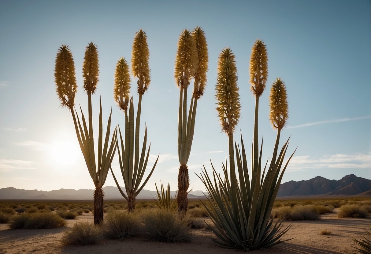 Several yucca elata plants stand tall in the desert landscape. Their long, slender leaves reach towards the sky, creating a striking and dramatic silhouette