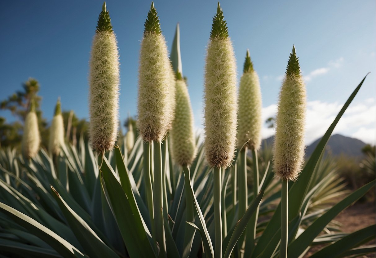 A cluster of Yucca Elata plants stand tall, with long, slender green leaves reaching upwards towards the sky
