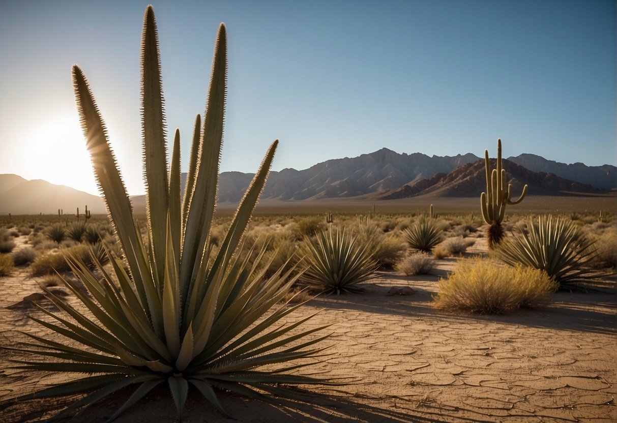 Yucca elata plants stand tall in a desert landscape, reaching heights of up to 15 feet. The sun casts long shadows across the arid terrain, accentuating the rugged beauty of the desert flora