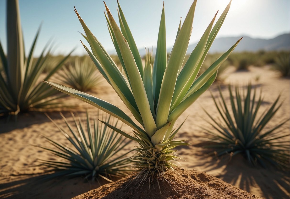 A thriving yucca plant in a sunny, well-drained spot with sandy soil and minimal water