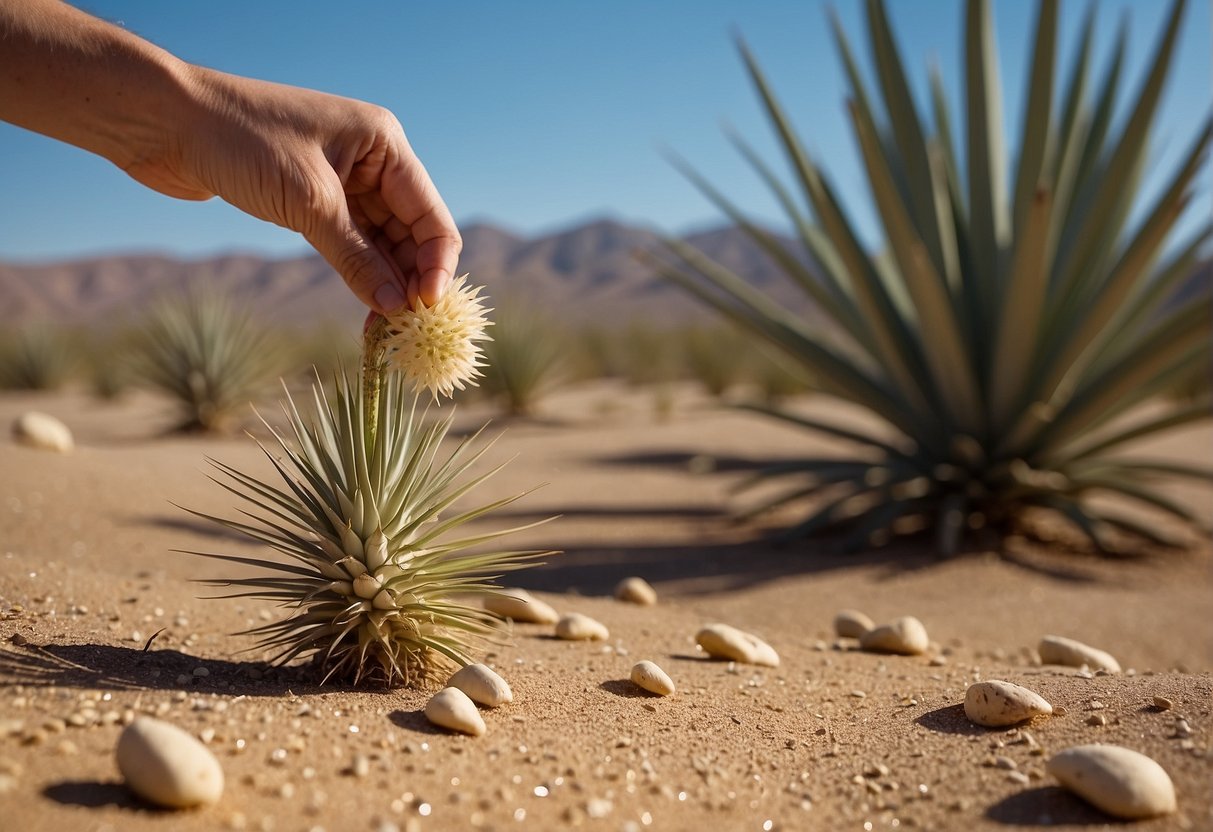 A hand reaching for yucca seeds on a desert floor, with a yucca plant in the background