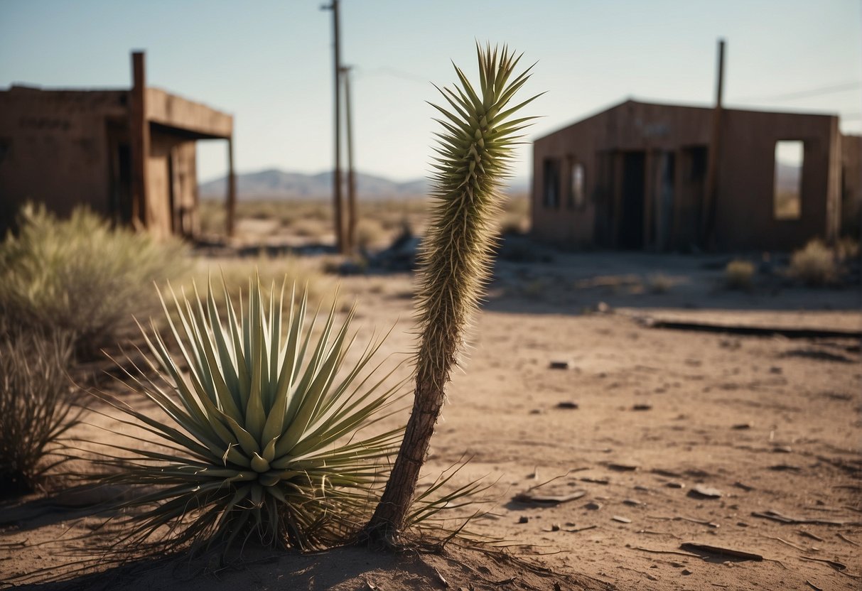 A yucca plant growing rapidly in a post-apocalyptic setting, surrounded by barren land and decaying buildings
