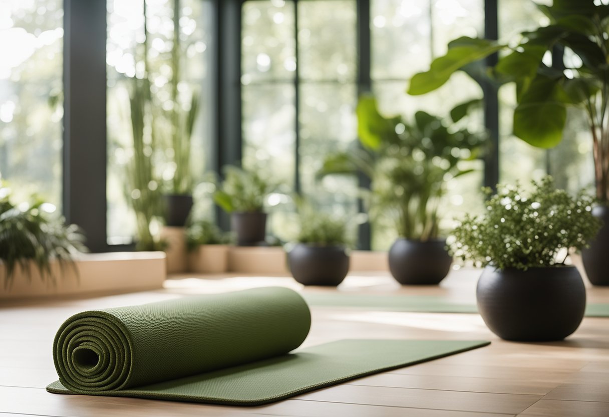 A serene yoga studio with a balance of natural light, lush green plants, and calming decor. Mats are neatly arranged, creating an inviting space for a peaceful yoga practice