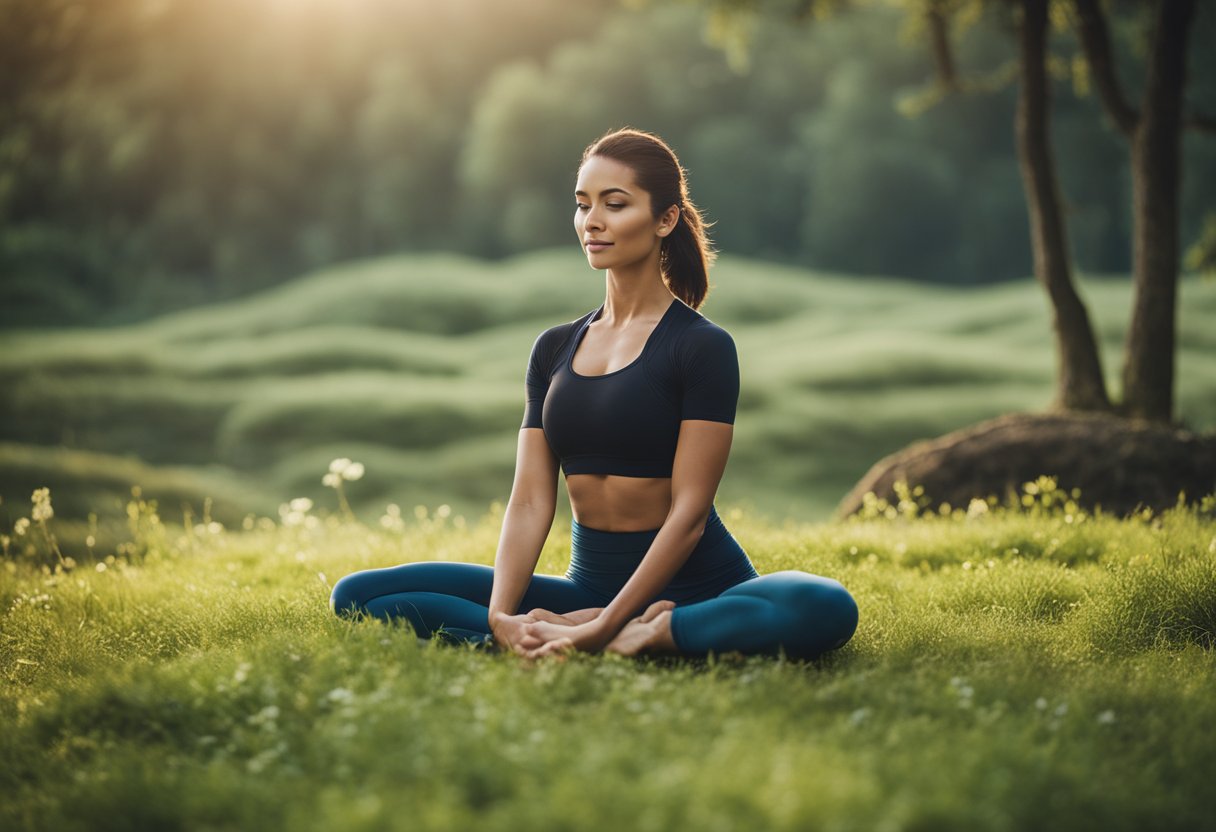 A person performing yoga poses in a serene natural setting, with a sense of calm and strength emanating from their posture