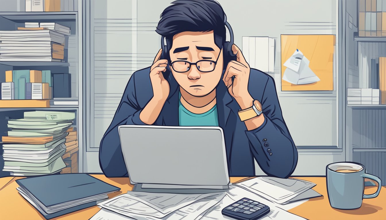 A person in Singapore receives multiple calls from a money lender, looking frustrated and confused while trying to understand loan terms and fees