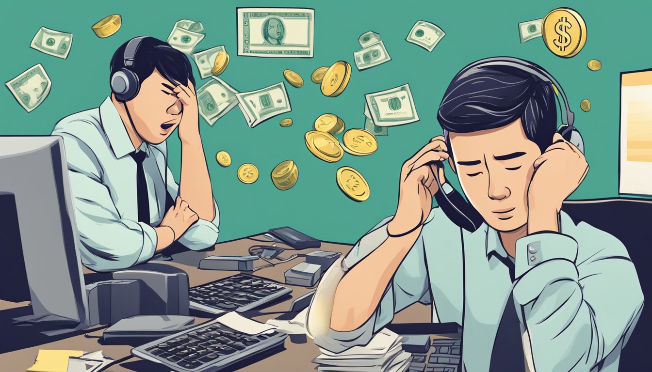 A person receiving multiple phone calls from a money lender in Singapore, looking stressed and overwhelmed by the situation