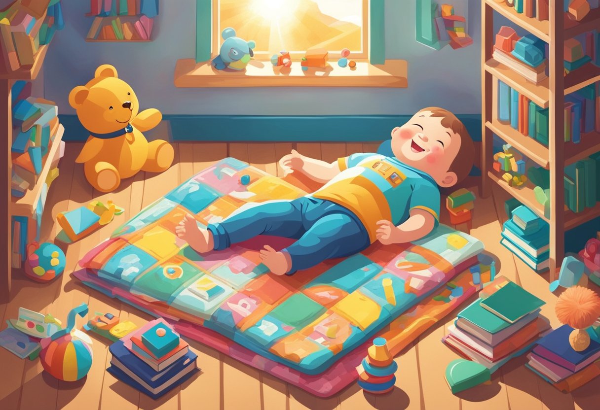 A smiling baby lying on a soft blanket, surrounded by colorful toys and books. Sunlight streaming in through a window, casting warm shadows on the floor