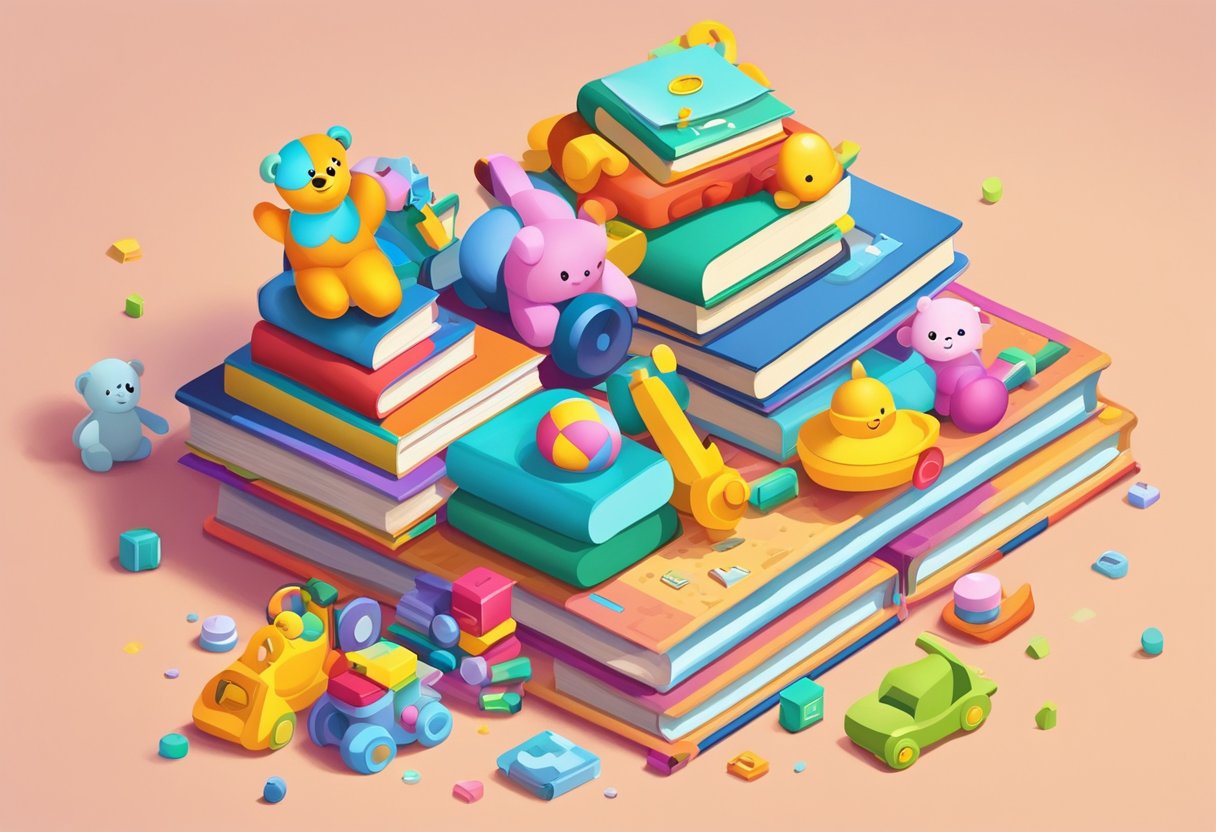 A pile of colorful baby toys scattered on a soft, fluffy blanket, with a small stack of books nearby and a mobile hanging above