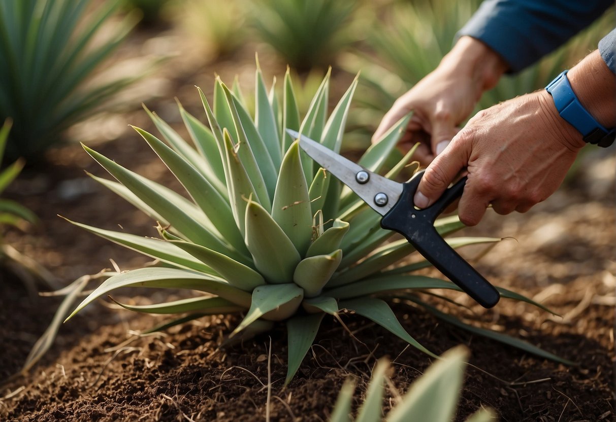 Yucca plants being pruned with gardening shears, surrounded by a stack of frequently asked questions about yucca plant care