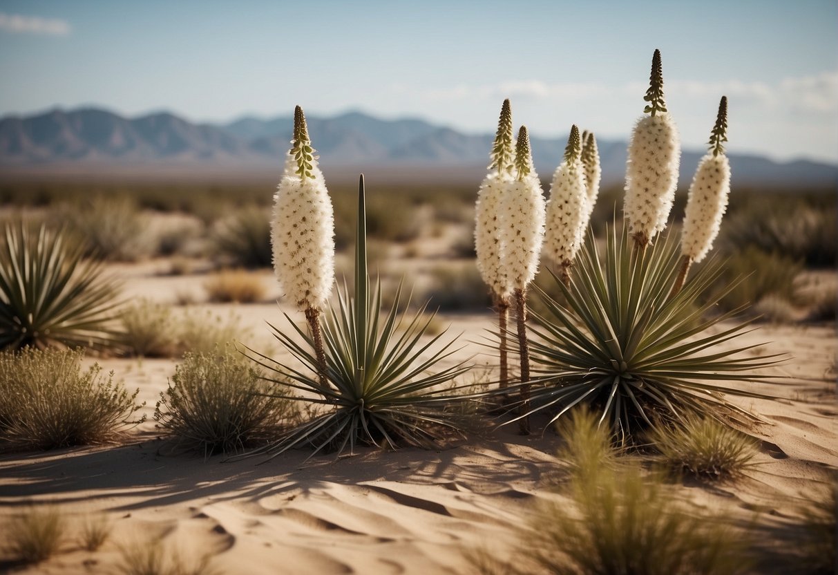 A desert landscape with dry, sandy soil and sparse vegetation. A few yucca plants stand tall, with long, sword-like leaves and white flowers