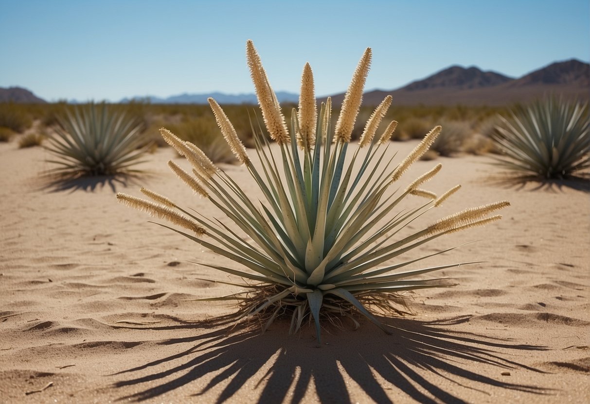 A desert landscape with yucca plants, sandy soil, and a clear blue sky