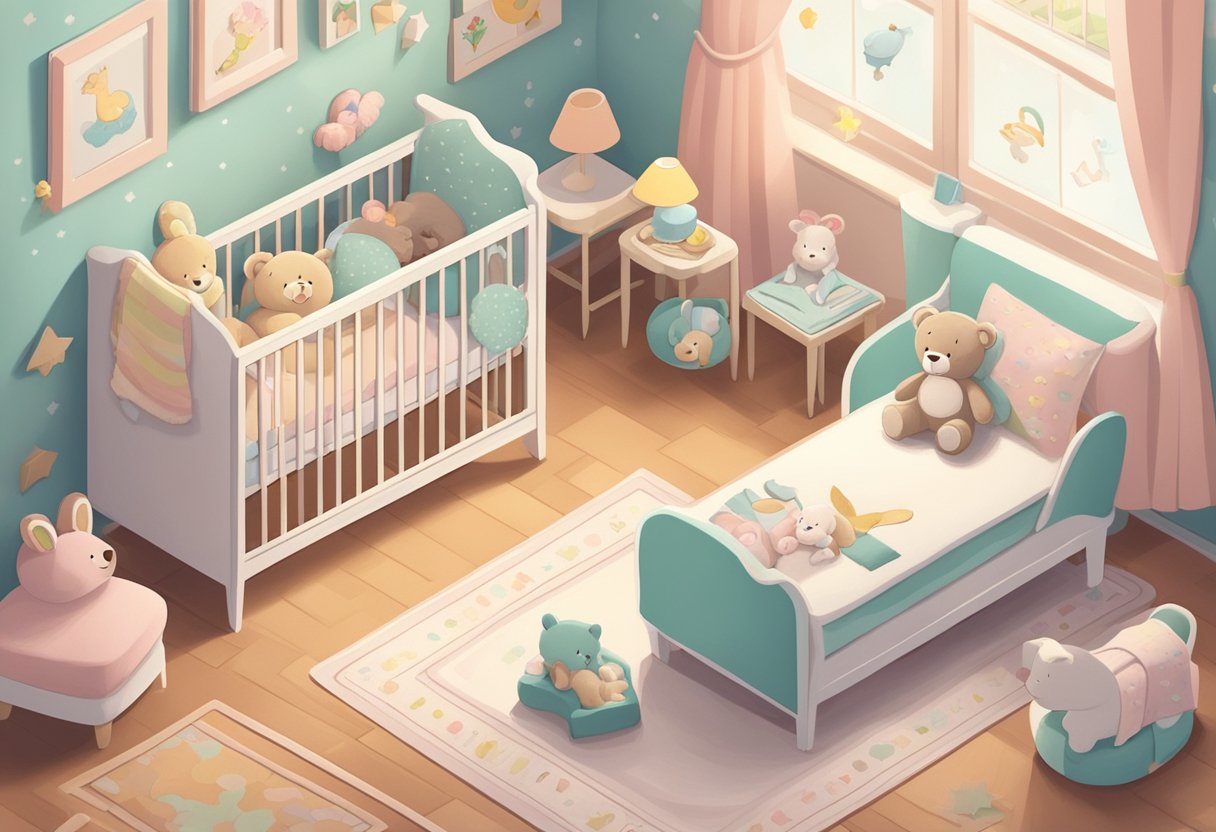 A baby's nursery with soft pastel colors, a cozy crib, and a mobile of smiling animals. A stack of board books and a plush teddy bear complete the scene