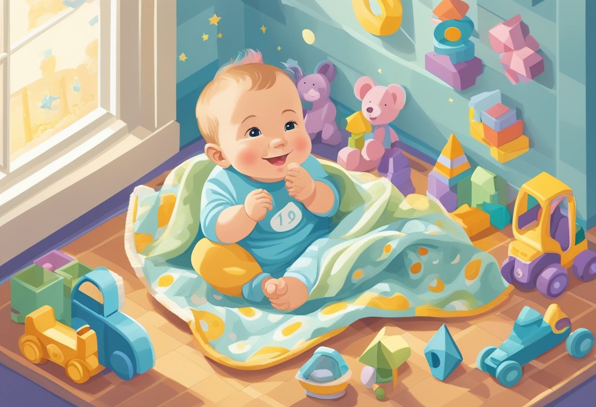 A 3-month-old baby surrounded by toys, smiling and cooing. A soft blanket underneath, with natural light streaming in from a nearby window
