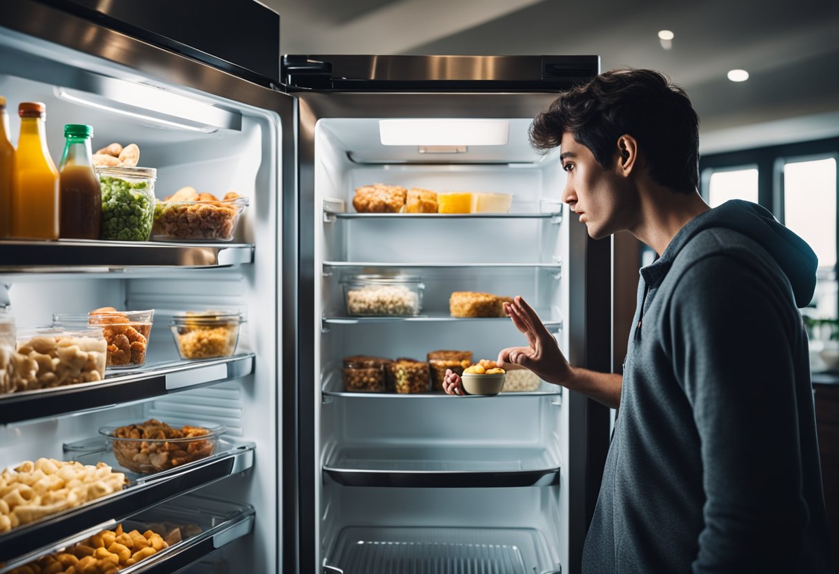 A person standing in front of an open refrigerator, reaching for unhealthy snacks while looking upset. A thought bubble shows them feeling stressed or sad