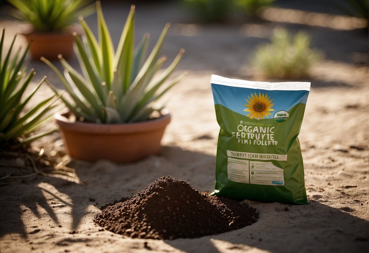 A bag of organic fertilizer sits next to a healthy yucca plant, with the sun shining down and the soil rich and moist