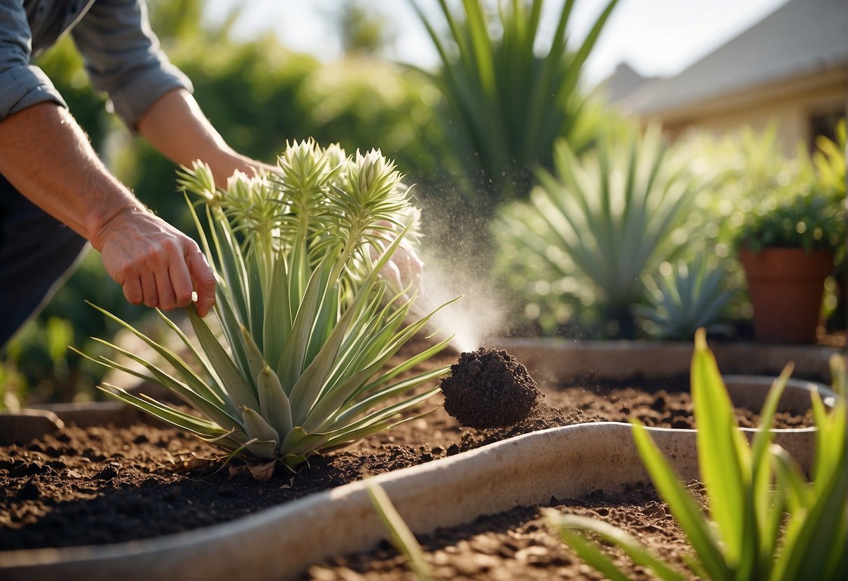 A gardener pours granular fertilizer around the base of a healthy yucca plant in a sunny garden bed