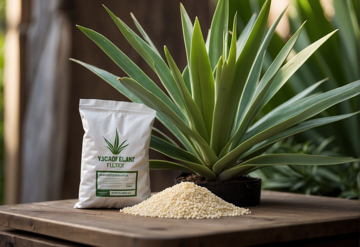A bag of fertilizer labeled "Yucca Plant Fertilizer" next to a healthy yucca plant with vibrant green leaves and strong, upright stems