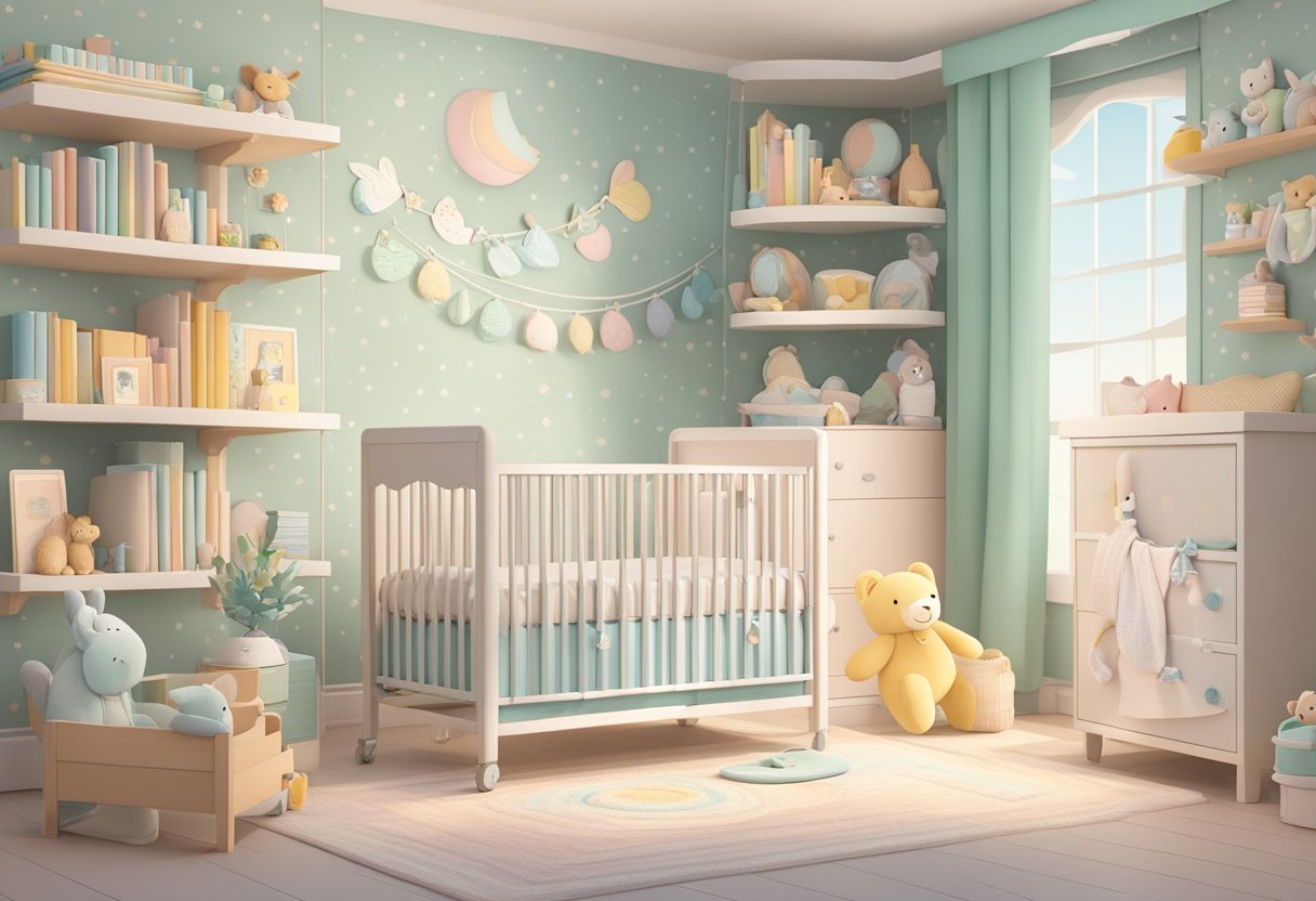 A baby's nursery with soft pastel colors, a cozy crib, and shelves filled with adorable baby books and toys. A gentle mobile hangs above the crib, gently swaying in the breeze
