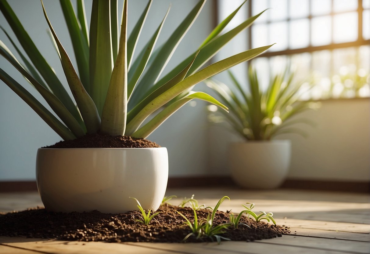A yucca cane plant sits in a bright room, surrounded by well-draining soil and receiving indirect sunlight. Some common problems, like overwatering and pests, are shown as wilted leaves and small insects