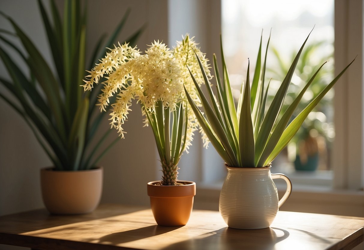A yucca cane plant sits in a bright room, with a watering can nearby. A care guide is open on a table, with sunlight streaming through the window