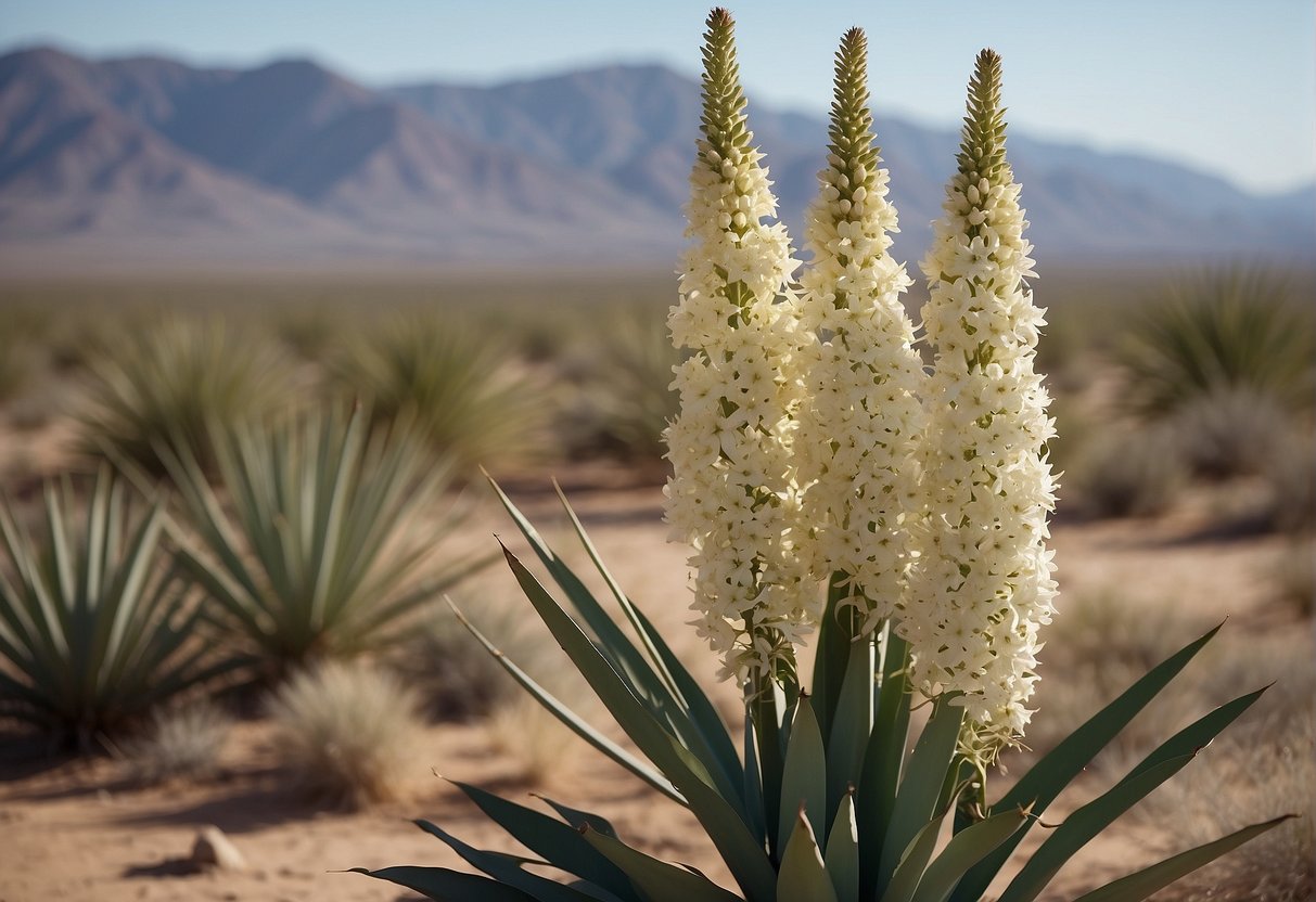 Yucca plants tower over the desert landscape, reaching heights of up to 30 feet with long, sword-shaped leaves and clusters of creamy white flowers