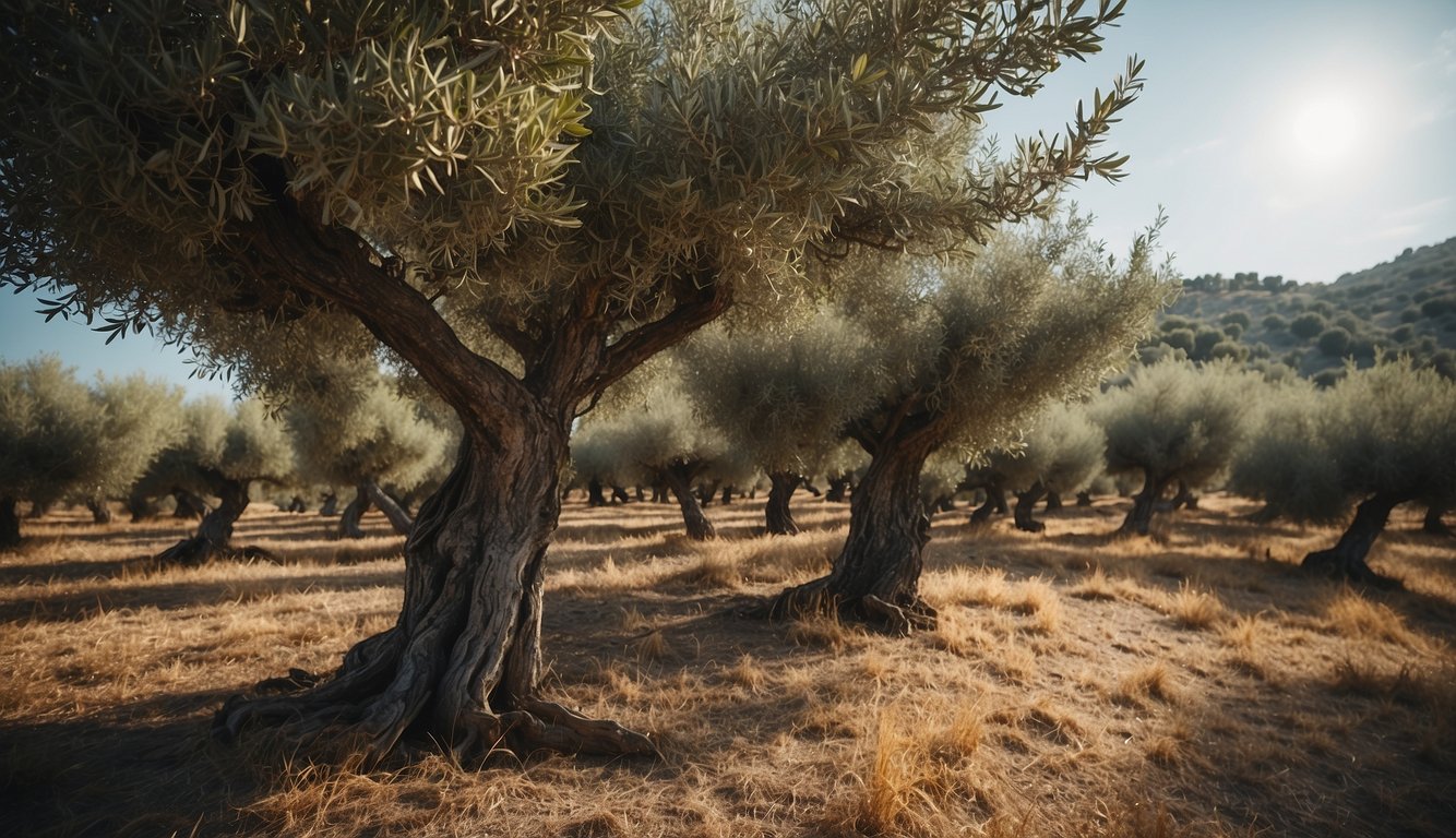Olive trees in a Mediterranean landscape, with people harvesting leaves for traditional medicinal and culinary uses