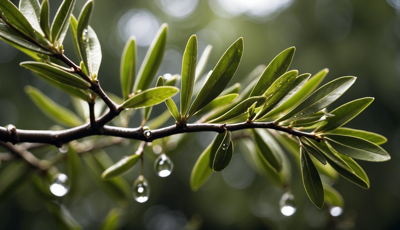 A lush olive tree branch with vibrant green leaves, dripping with dew, symbolizing the health benefits of olive leaf extract