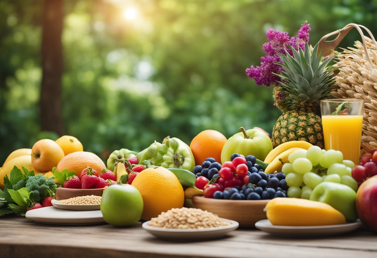 A table set with a colorful array of fresh fruits, vegetables, and whole grains, surrounded by serene nature. Mindful eating book open nearby