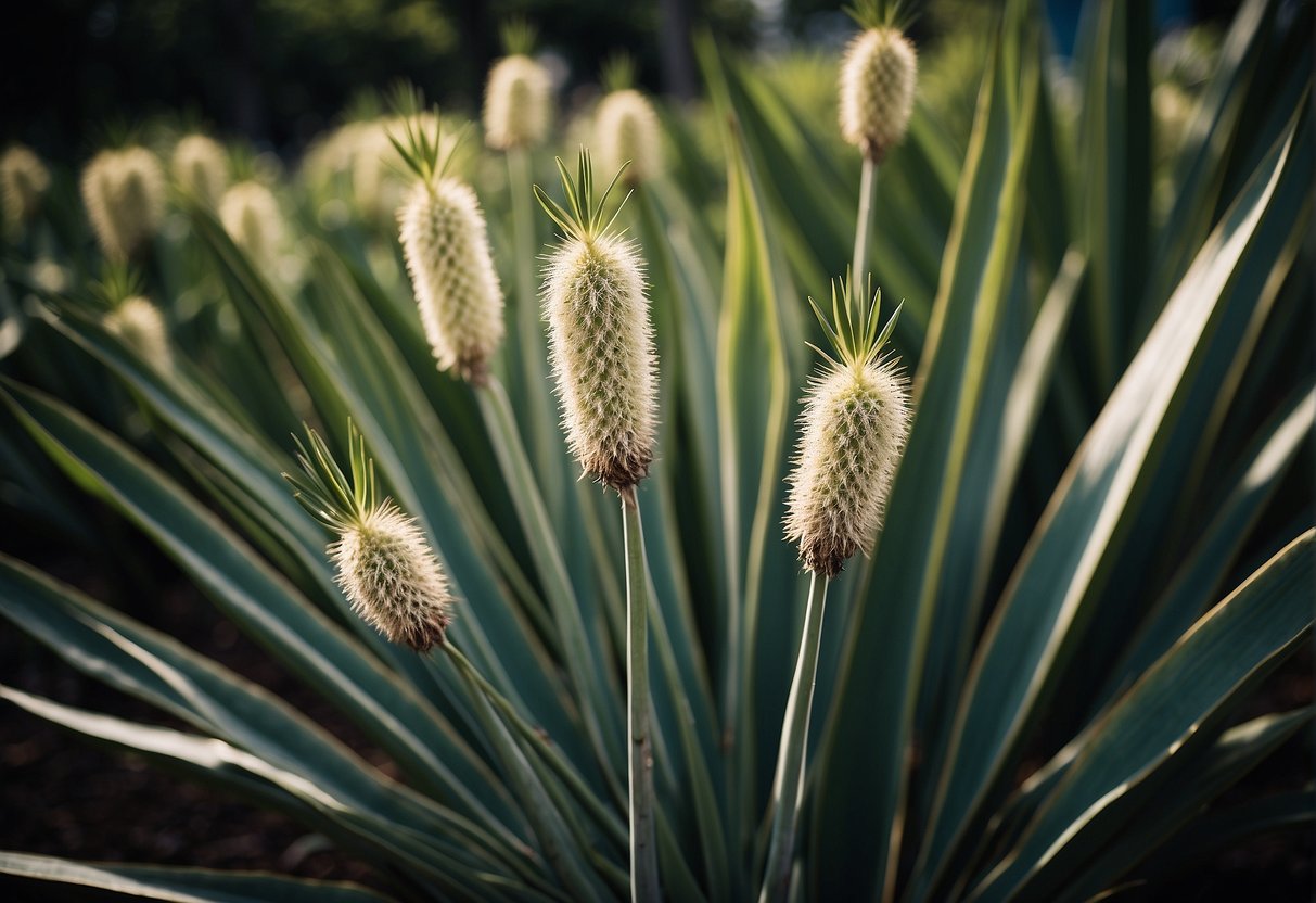 Yucca plants grow tall, reaching up to 30 feet. Their long, sword-shaped leaves cluster around a woody stem, creating a striking and dramatic silhouette