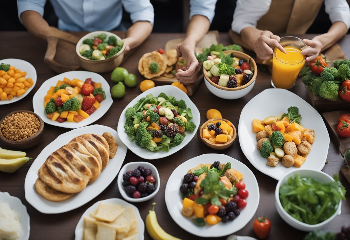 A table set with a variety of colorful, whole foods. A person sits, focusing on each bite, savoring the flavors and textures