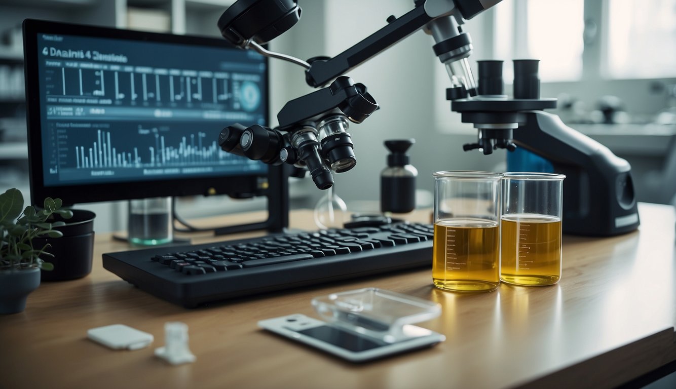 A lab table with beakers and test tubes, surrounded by scientific equipment. A microscope and a computer displaying data. A bottle of olive leaf extract with a label highlighting its benefits